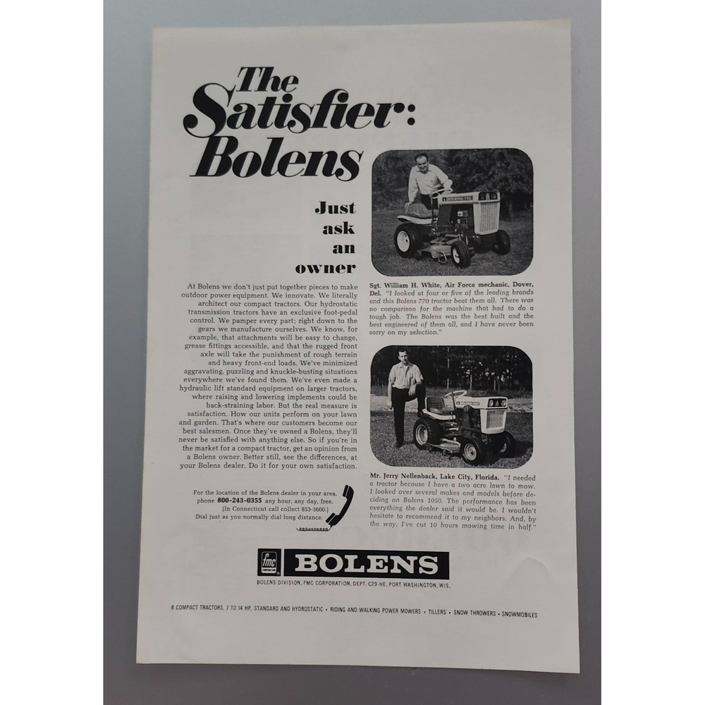 1969 Vintage Bolens Lawn and Garden Tractor Advertisement The Satisfier